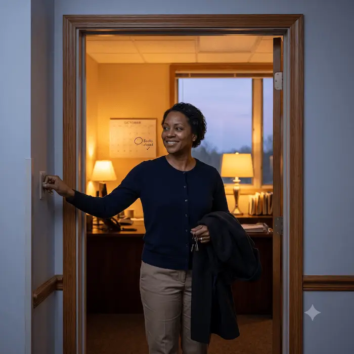Woman smiling and turning off a light switch as she leaves an office at dusk.