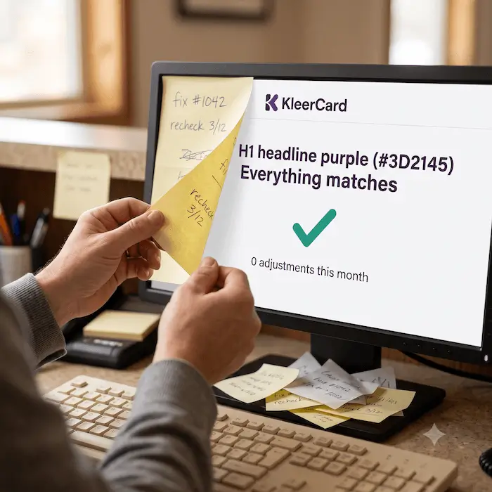 Hands peeling sticky note from monitor showing KleerCard with checkmark and zero adjustments this month.