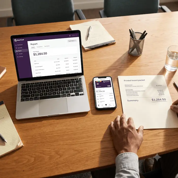 Person reviewing printed board packet, laptop, and phone displaying $1,284.50 financial report on wooden table.