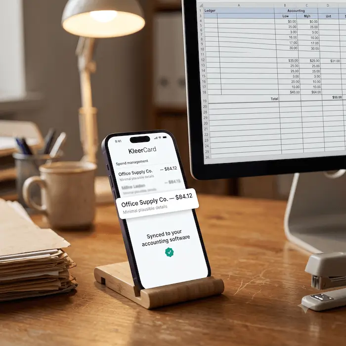 Smartphone on desk showing KleerCard spend management synced to accounting software next to desktop monitor.