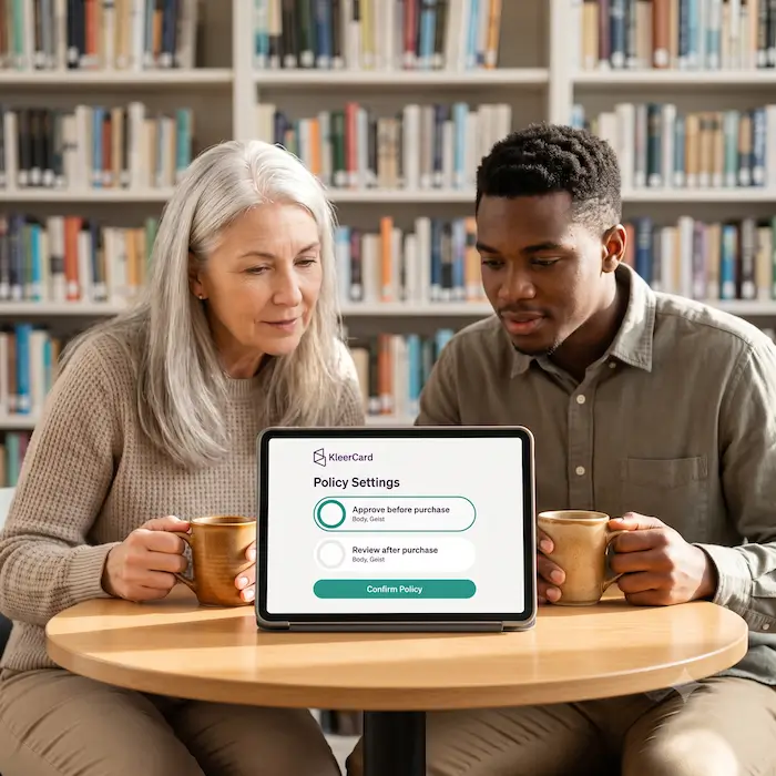 Two people holding mugs look at a tablet showing KleerCard policy settings for purchase approval.