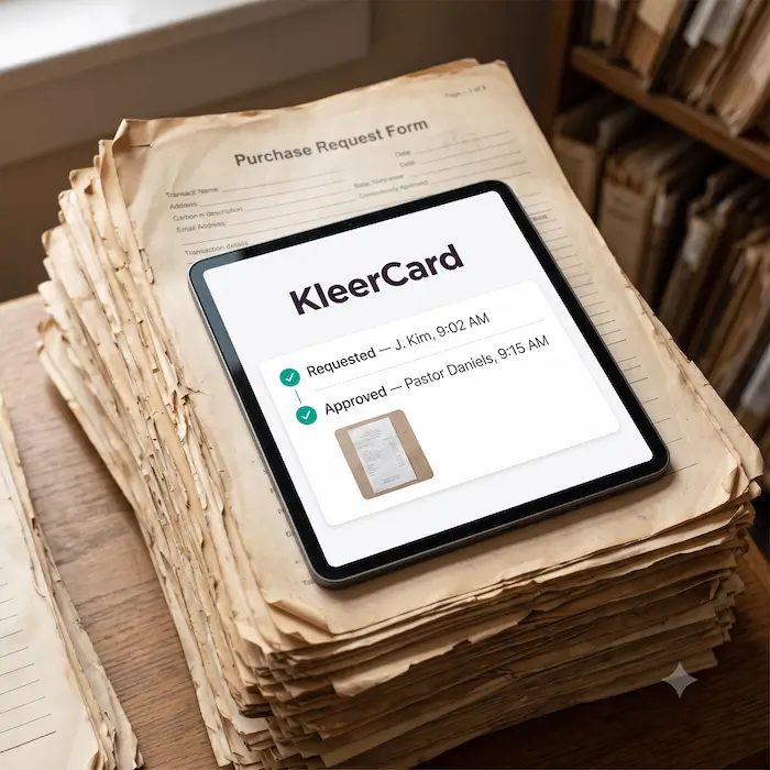 Tablet on a stack of old documents showing KleerCard approval status with timestamps and approvers.