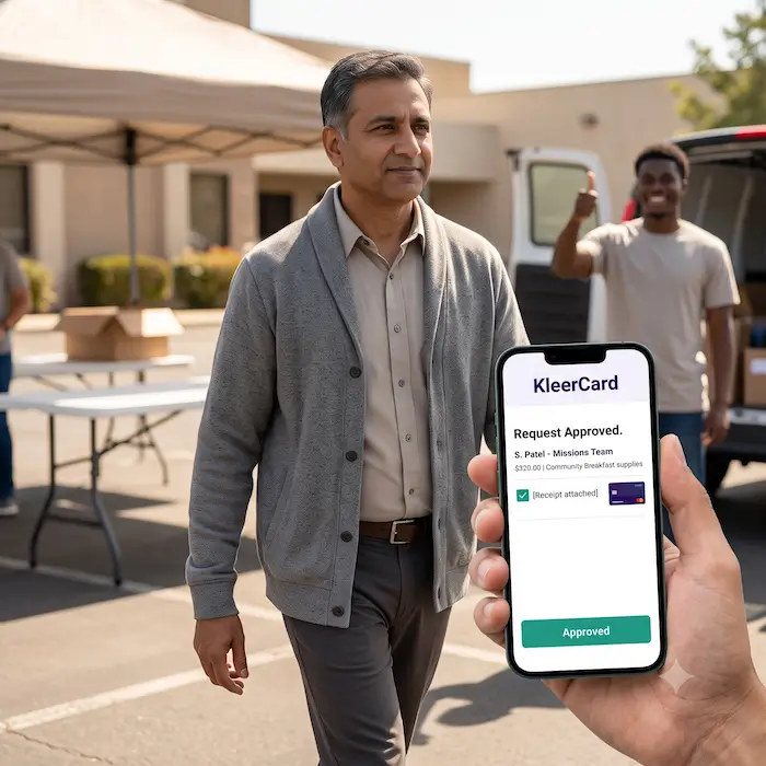 Man walking outside near a table, another person shows phone with KleerCard request approved screen.