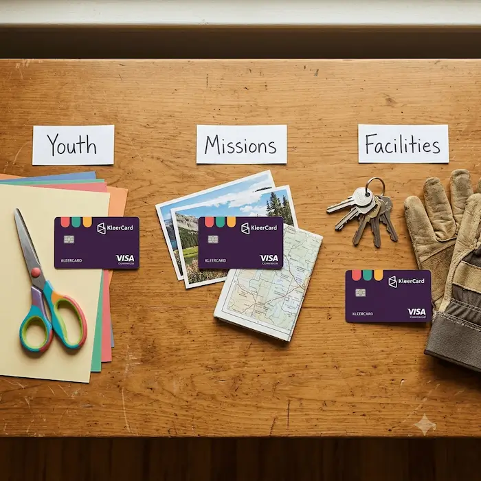 Three KleerCard Visa cards on a table with labeled items for Youth, Missions, and Facilities expenses.