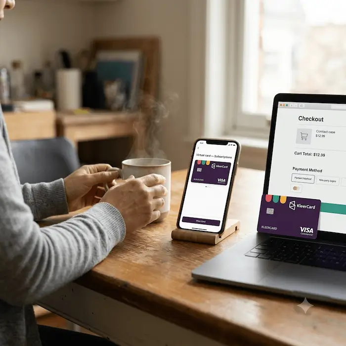 Person holding coffee cup near smartphone and laptop showing virtual card and checkout page.