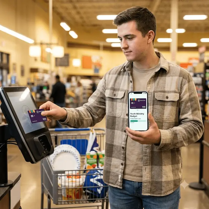 Man using a contactless card to pay at self-checkout while holding a phone showing budget app.