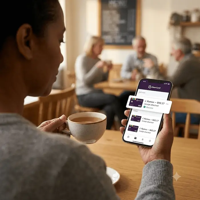 Person holding a phone showing KleeerCard app with transaction details and holding a cup of coffee.