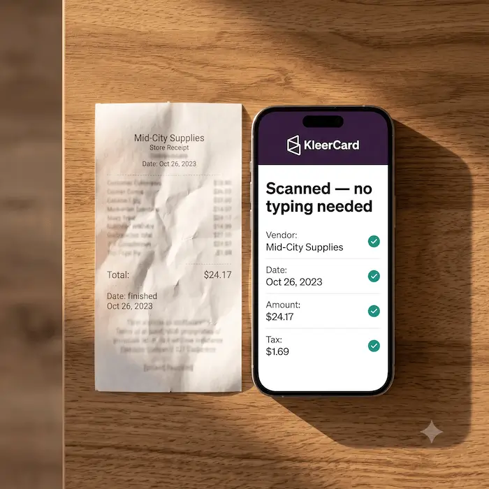 Receipt and smartphone displaying KleerCard app confirming scanned vendor, date, amount, and tax.