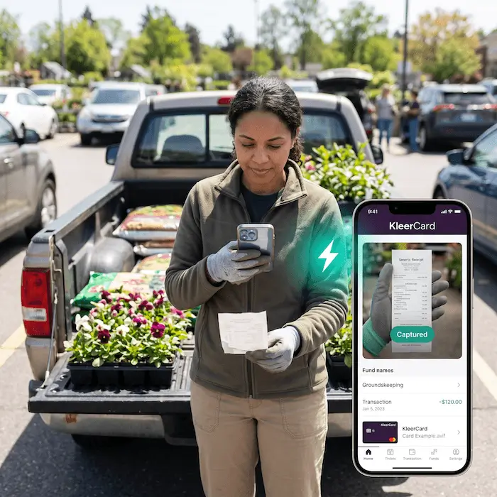 Person scanning receipt with phone in a parking lot beside a pickup truck with plants loaded.