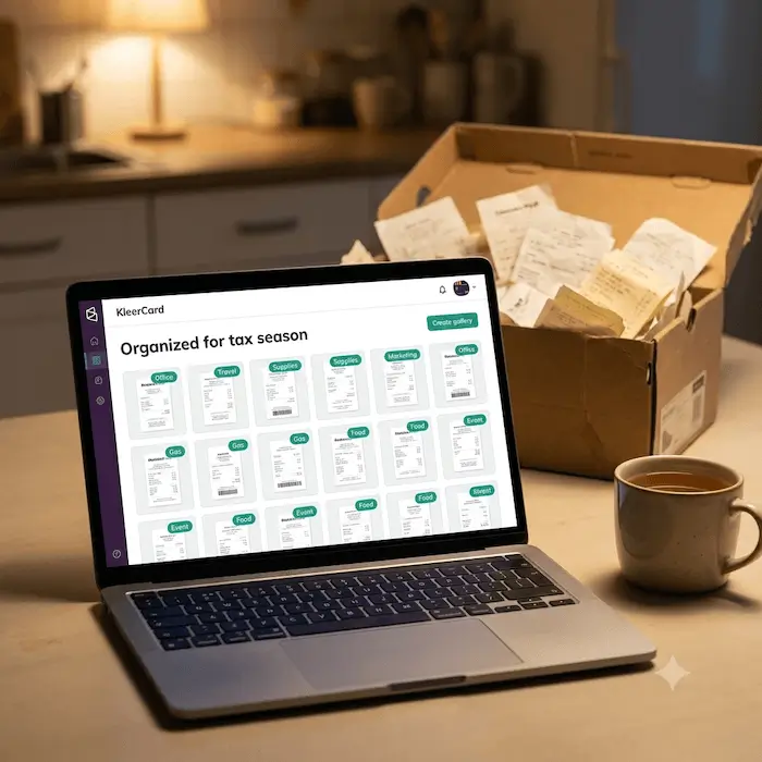 Laptop showing organized digital receipts for tax season next to a box of paper receipts and a coffee cup.