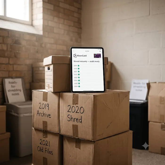 Stack of labeled archive boxes with a tablet showing KleerCard audit-ready secure storage app.