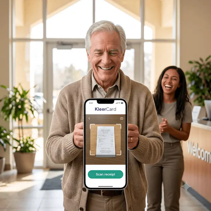 Older man scanning a receipt with KleerCard app on a smartphone, woman laughing in background.