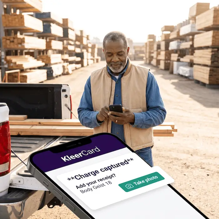Man using phone near pickup truck at lumber yard with a payment confirmation screen for KleerCard in foreground.