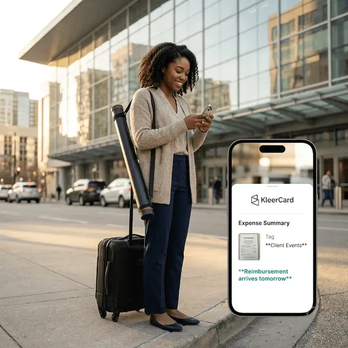 Woman standing with luggage looking at phone showing KleerCard expense summary and reimbursement notice.