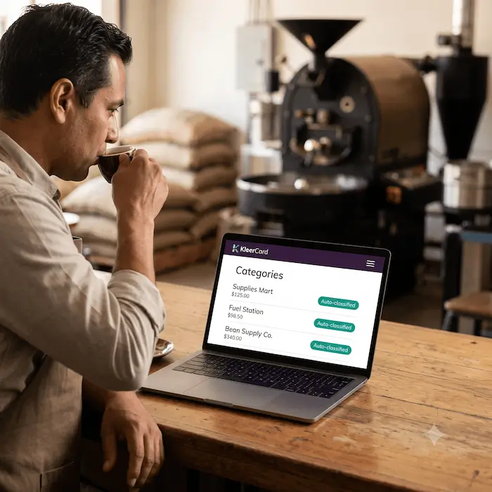Man drinking coffee at wooden table with laptop showing expense categories and amounts.