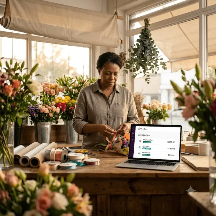 Florist tying a ribbon on a bouquet with a laptop showing expense categories and amounts.