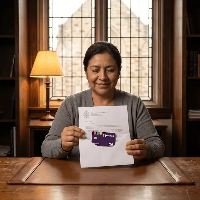 Woman sitting at a desk holding a letter and a purple Visa KleerCard from Diocesan Finance Office.