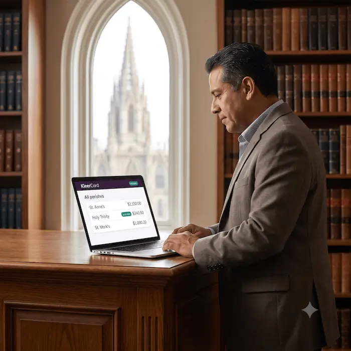 Man in suit working on a laptop with church spire visible through arched window in a library.