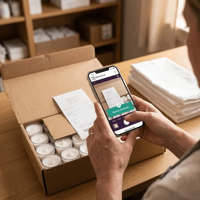 Person using a phone app to scan and attach a receipt next to a box of candles on a wooden table.