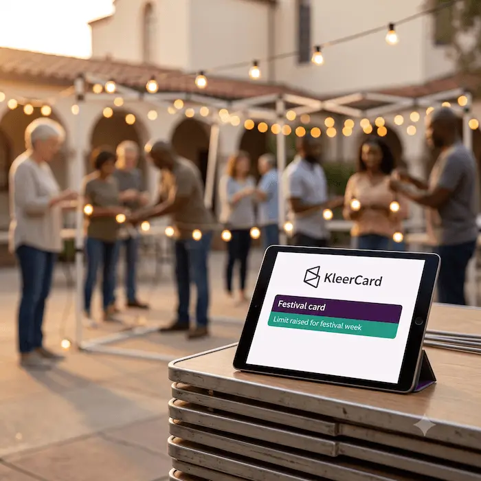 Tablet displaying KleerCard Festival card with raised spending limit, blurred people and lights in background.