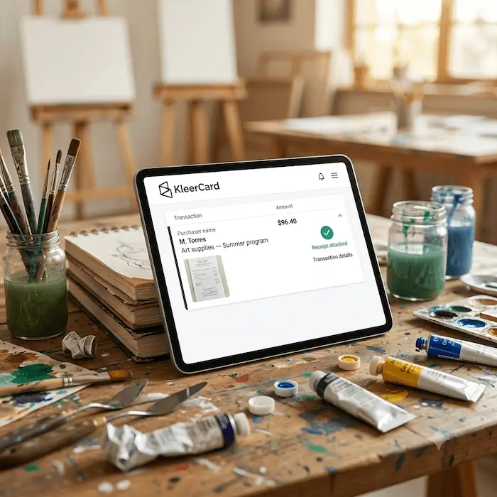 Tablet on art table shows KleerCard receipt for $96.40 art supplies purchase by M. Torres.