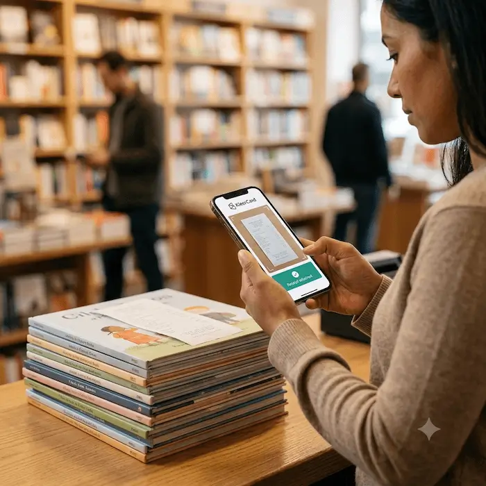 Woman scanning a receipt with a phone app while standing at a table with stacked books in a store.