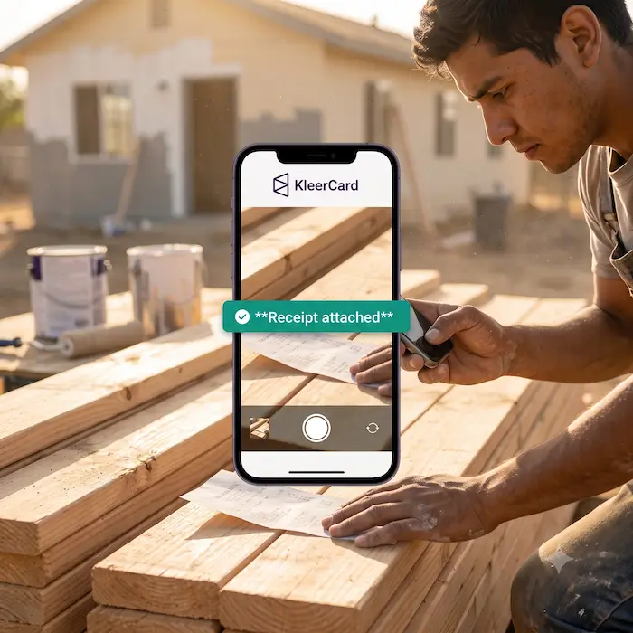 Man capturing a photo of a receipt on wooden planks using a phone app showing receipt attached confirmation.