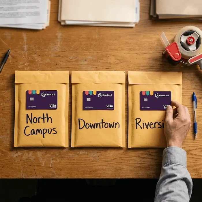 Three yellow envelopes labeled North Campus, Downtown, and Riverside, each with a KleerCard Visa card on top.