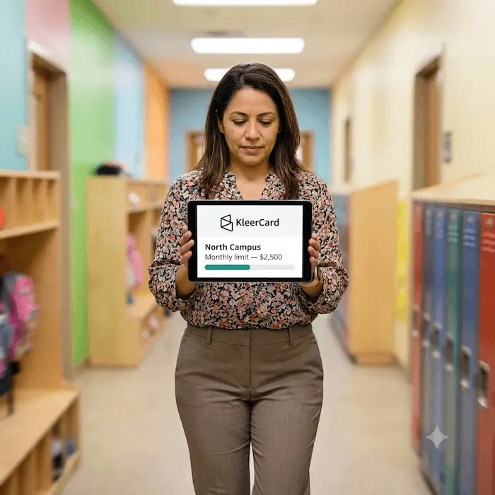 Woman in floral shirt holding tablet showing KleerCard North Campus $2,500 monthly limit in a school hallway.