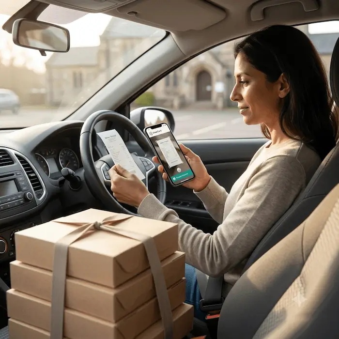 Woman in car comparing a paper receipt to a digital receipt on her smartphone, with package boxes nearby.