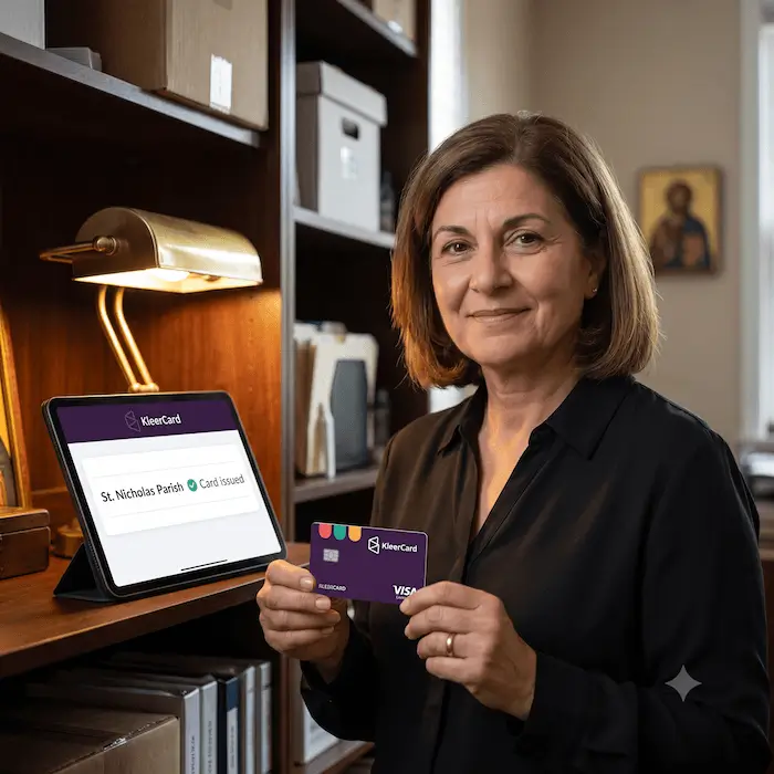 Woman holding a purple KleerCard with a tablet showing 'St. Nicholas Parish Card issued' on desk lamp-lit shelf.