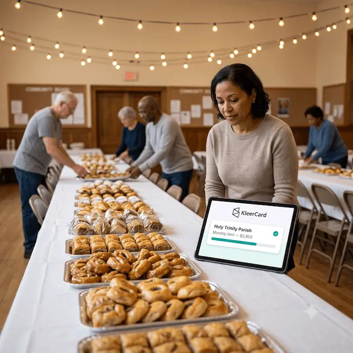 Woman in a community hall with trays of baked goods and a tablet showing KleerCard budget limit.