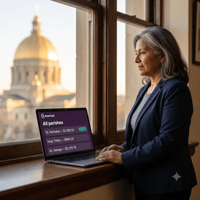 Woman with gray hair looks out a window while a laptop shows parish donation amounts on the screen.