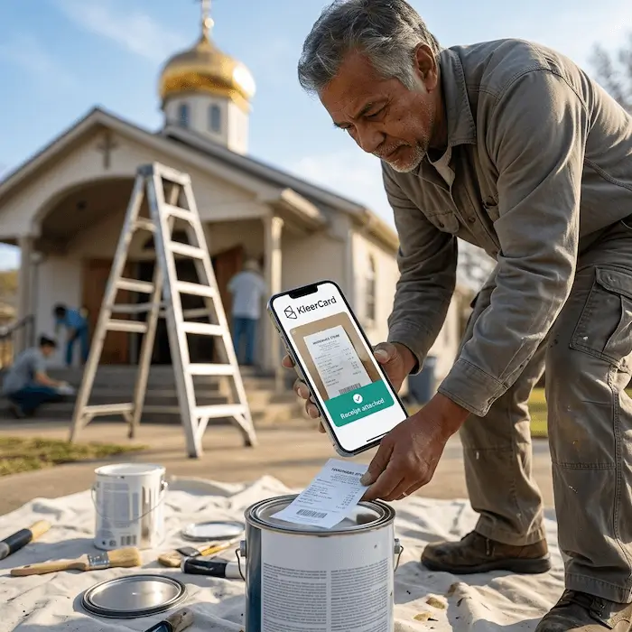 Man using a phone app to scan and attach a receipt while painting outdoors near a church.