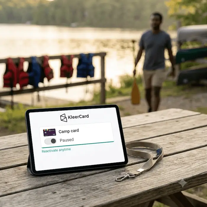 Tablet on picnic table showing KleerCard paused with camp card and reactivation option at lakeside.
