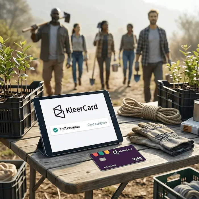 Tablet showing KleerCard trail program assigned, with a KleerCard and gardening tools on a table outdoors.
