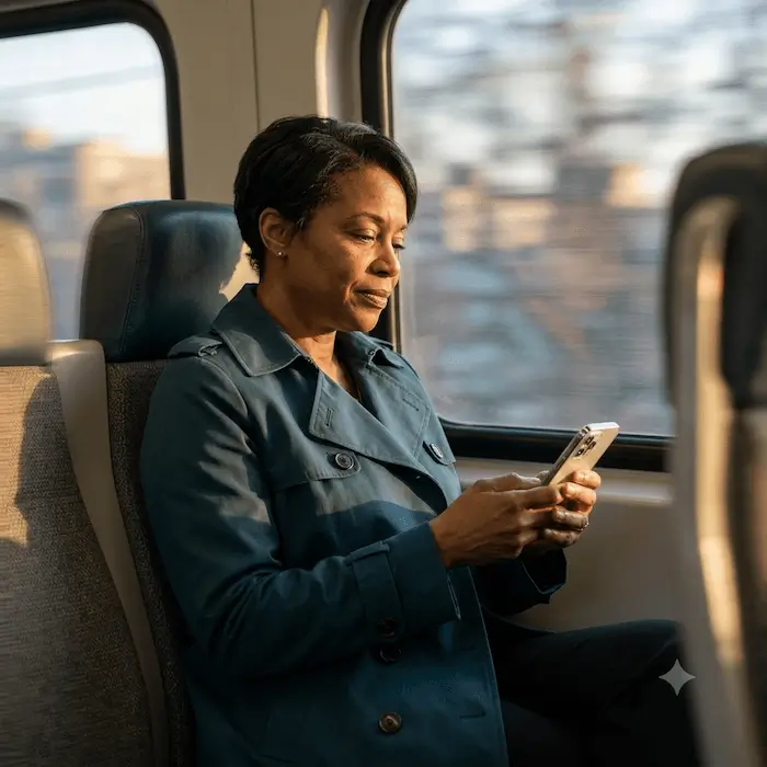 A woman in a blue coat sits on a train looking at her smartphone near a window.