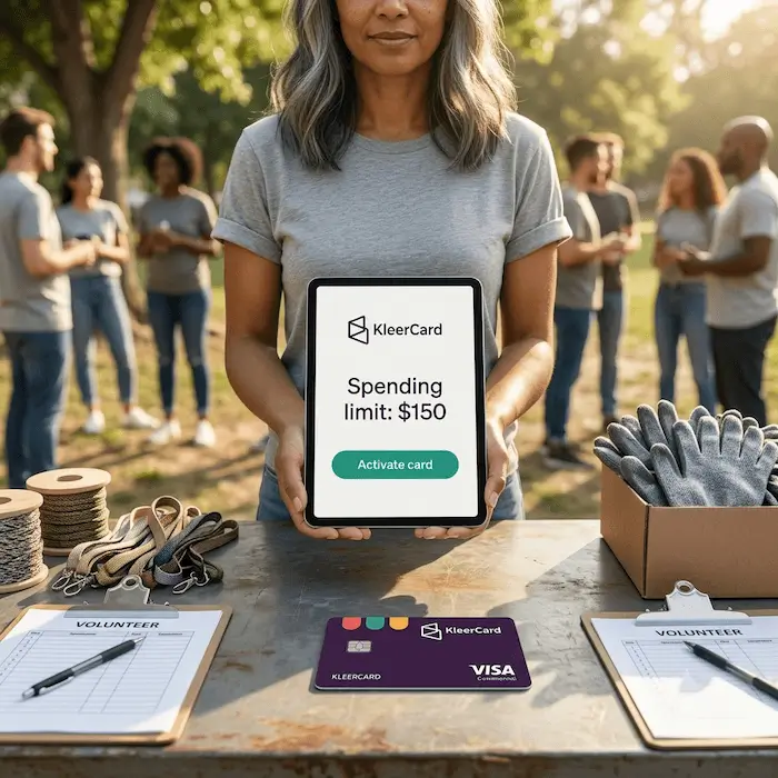 Woman holding tablet showing KleerCard $150 spending limit and activate button at volunteer event table.