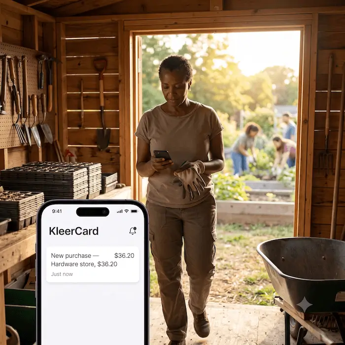 Woman in gardening gloves checks phone in shed with garden tools and wheelbarrow, app shows $36.20 purchase.