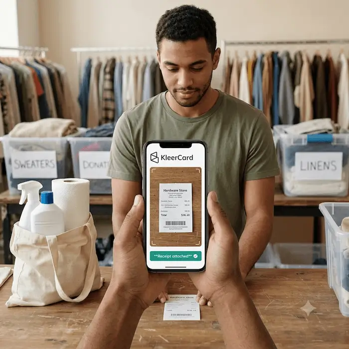 Man standing at table with labeled bins while phone captures receipt for KleerCard app.