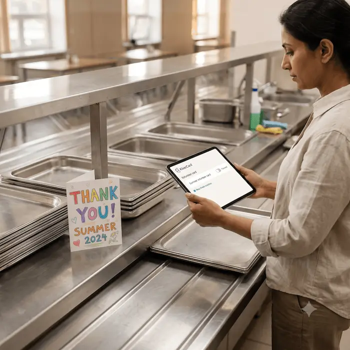Person holding a tablet showing school meal payment options near a 'Thank you Summer 2024' sign.