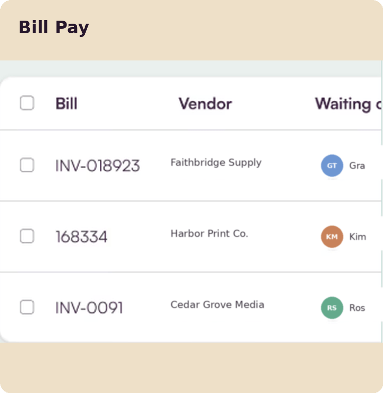 KleerCard Bill Pay dashboard listing outstanding vendor invoices with bill numbers, vendor names, and approver avatars.