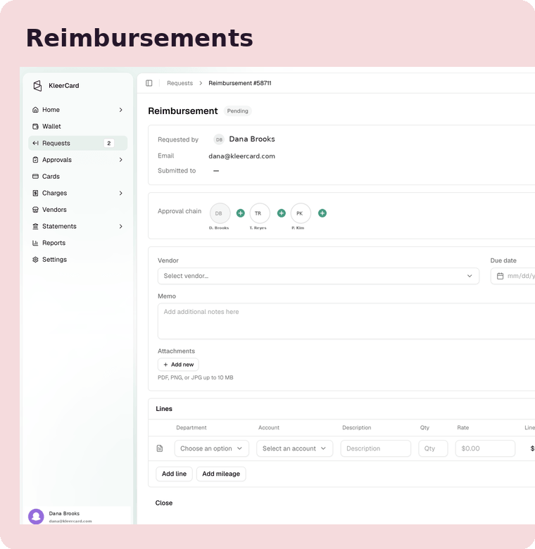 KleerCard reimbursement request screen showing requester info, a multi-step approval chain, and expense line items for department, account, and amount.