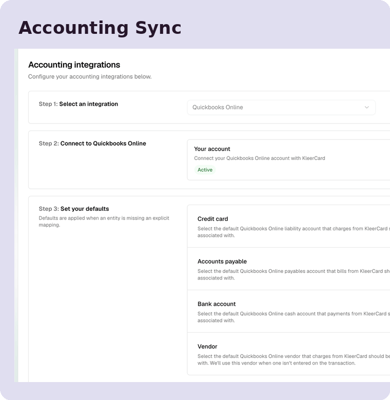 KleerCard accounting sync settings showing QuickBooks Online connected, with default account mappings for credit card, accounts payable, bank account, and vendor.