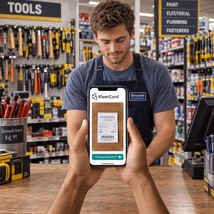 A hardware store employee looks at a smartphone displaying the KleerCard app with a scanned receipt, held by a customer in the foreground.