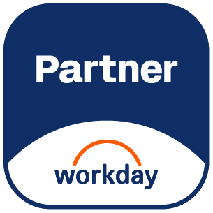 Workday Partner logo with white text on navy and orange arc above the word workday.