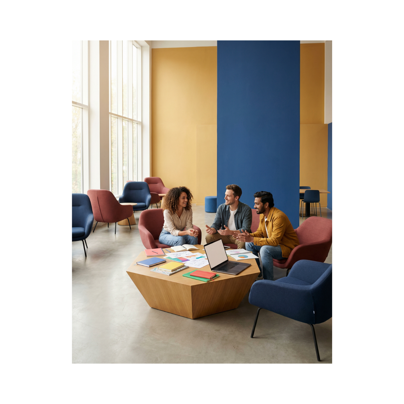 Three people sitting in chairs around a table with a laptop and papers in a colorful modern office.