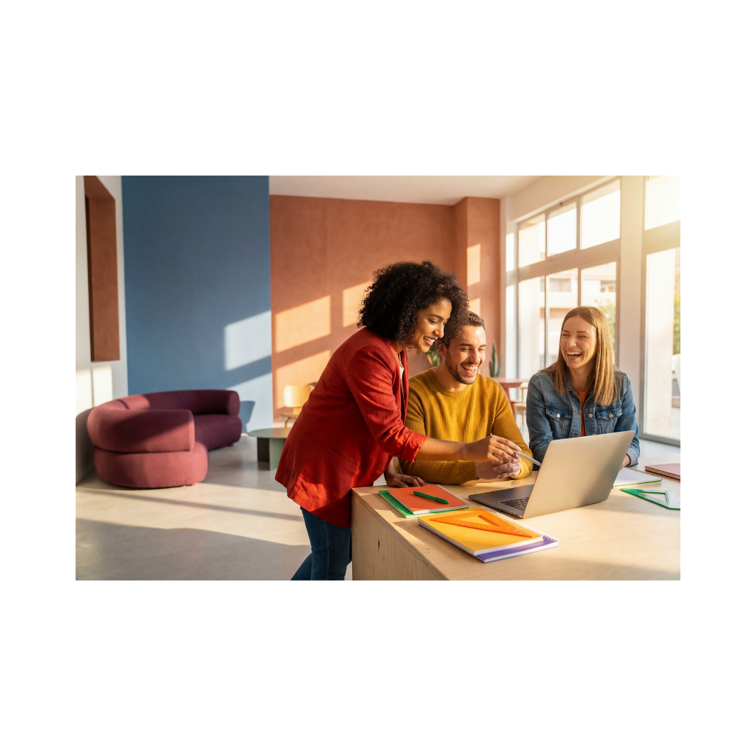 Three young adults collaborating around a laptop at a table in a bright room with large windows and colorful walls, looking engaged and smiling.