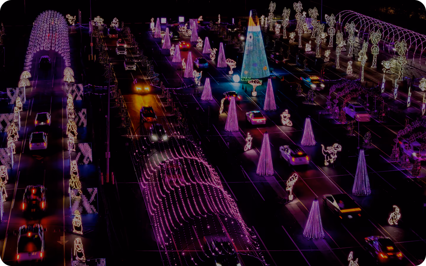 Aerial view of the illuminated show grounds at night