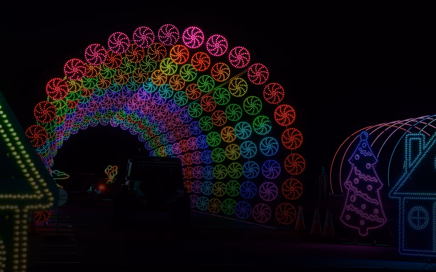 Rainbow candy light arch on the drive-through route